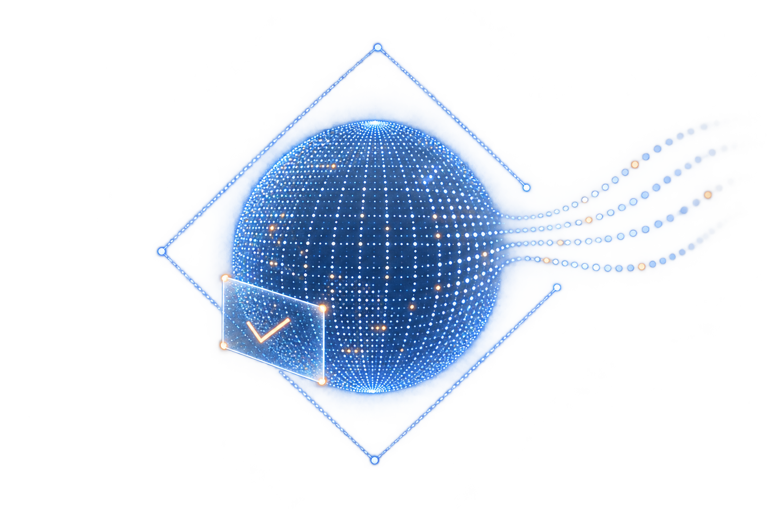An open diamond boundary around a point-cloud globe, with a verification mark